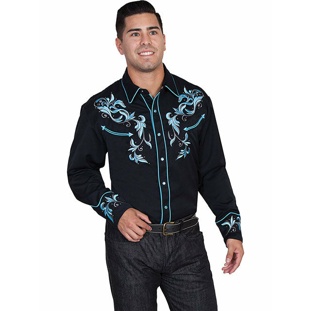 Scully Embroidered Scroll Long Sleeve Black With Blue Shirt