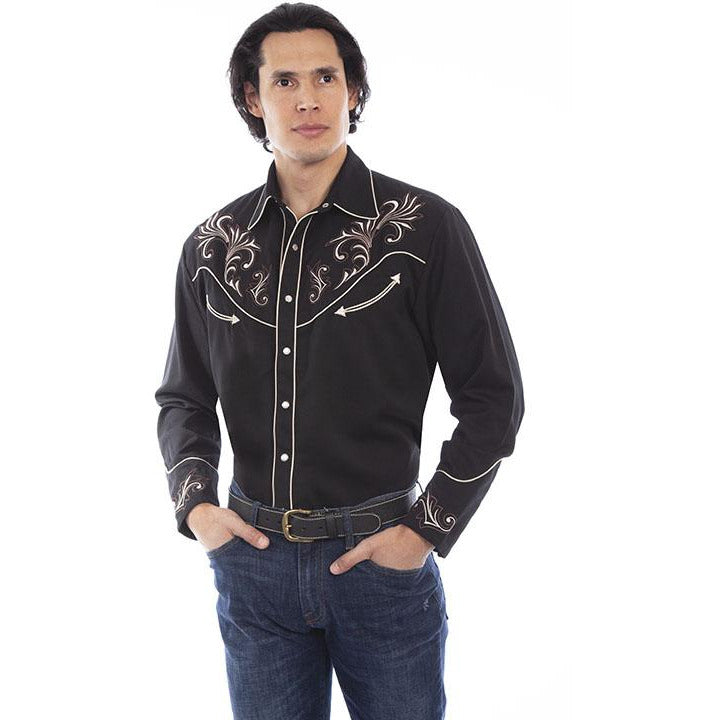 Men's Scully Embroidered Scroll Long Sleeve Black/Tan