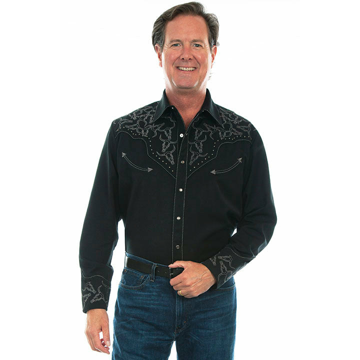 Scully Longhorn Embroidered Long Sleeve Black Shirt