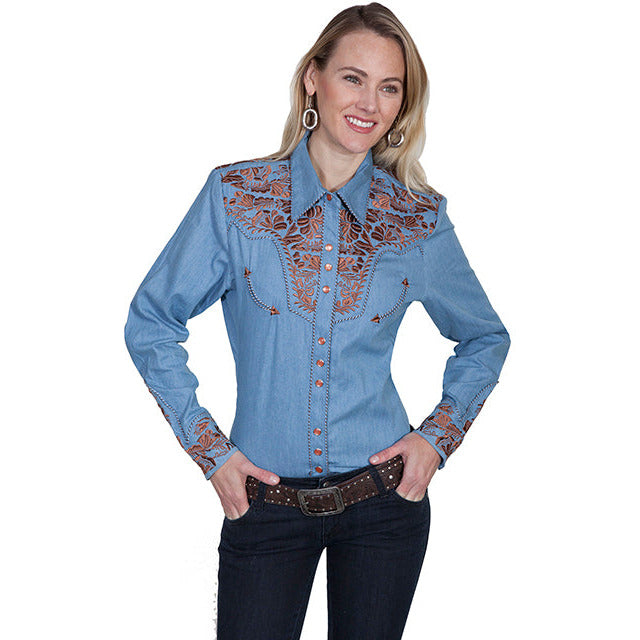 SCULLY WOMEN'S FLORAL TOOLED EMBROIDERED LONG SLEEVE WESTERN SHIRT BLUE