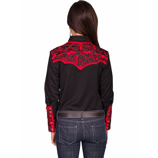 SCULLY WOMEN'S FLORAL TOOLED EMBROIDERED LONG SLEEVE WESTERN SHIRT CRIMSON - CWesternwear