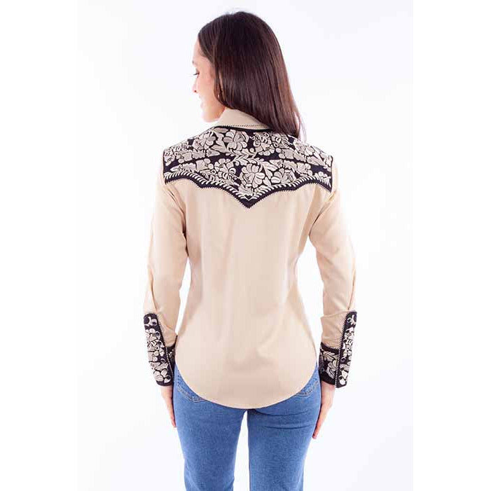 SCULLY WOMEN'S FLORAL TOOLED EMBROIDERED LONG SLEEVE WESTERN SHIRT TAN