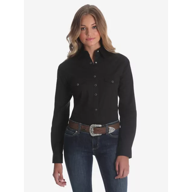 Womens WRANGLER® LONG SLEEVE ONE POINT FRONT AND BACK YOKES SOLID Black TOP - CWesternwear
