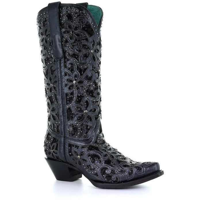 Corral Womens Black Inlay With Embroidery And Studs Snip toe Western Boot
