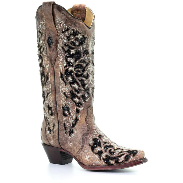 Corral Womens Brown Inlay With Embroidery And Studs Snip toe Western Boot