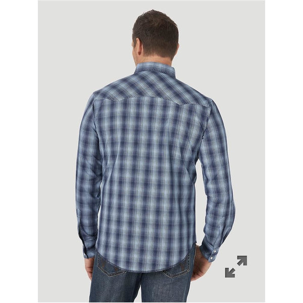 MEN'S LONG SLEEVE FASHION WESTERN SNAP PLAID SHIRT IN DARK BLUE