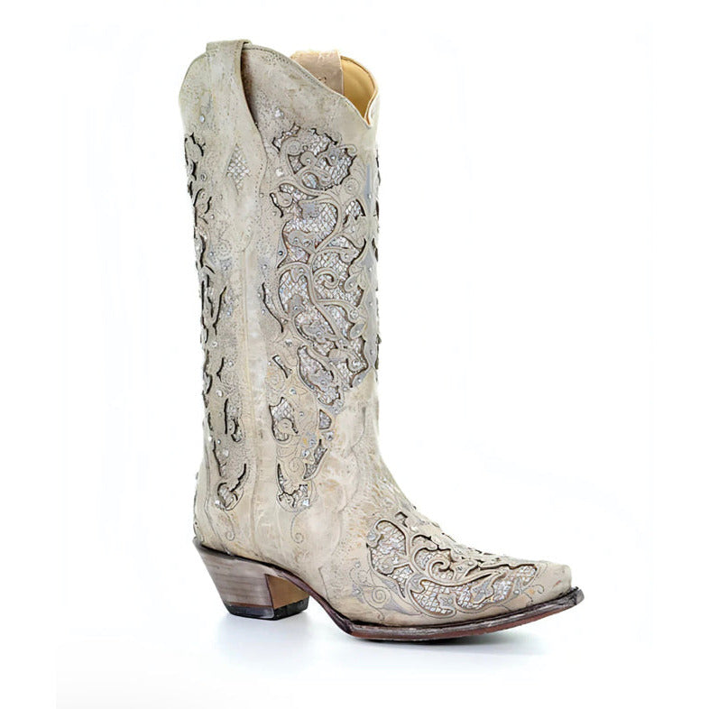Corral Womens White Glitter Inlay and Crystals Wedding Snip toe Western Boot