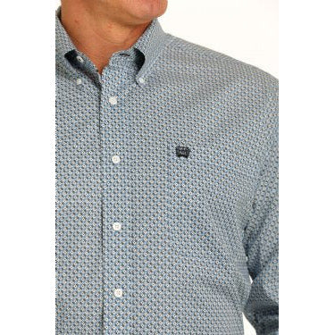 Cinch Men's  Stretch Geometric Print Long Sleeve Shirt - Light Blue